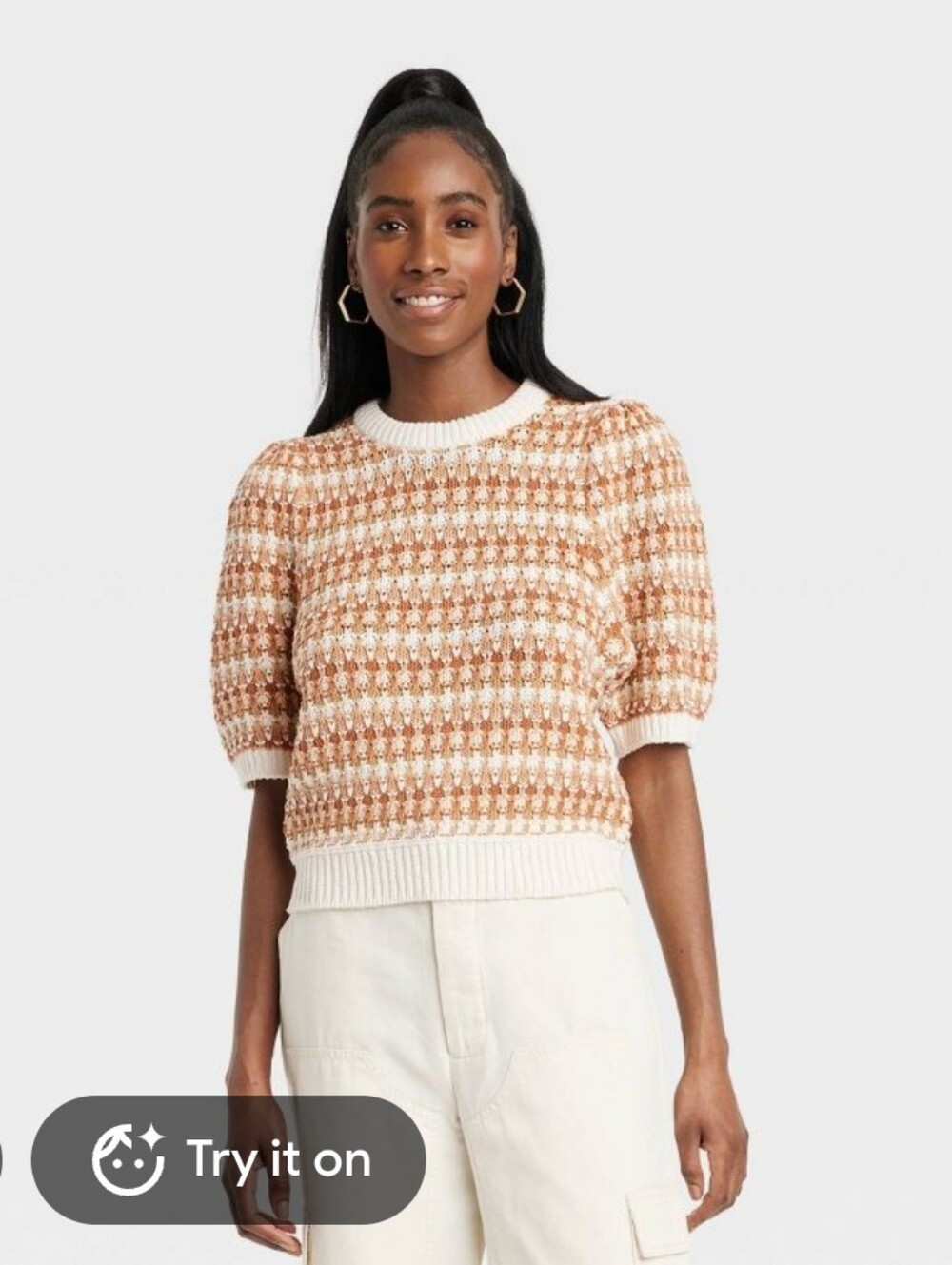 Universal Thread Cream & Tan Short-Sleeve Knit Sweater - Women Size XS